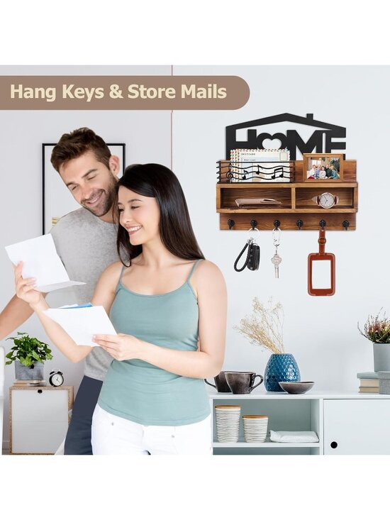 Key Holder for Wall, Mail Organizer Wall Mount with Hooks  New Brown Wood Wall Key Holder Mail Organizer Shelf 6 Hooks 2 Compartments